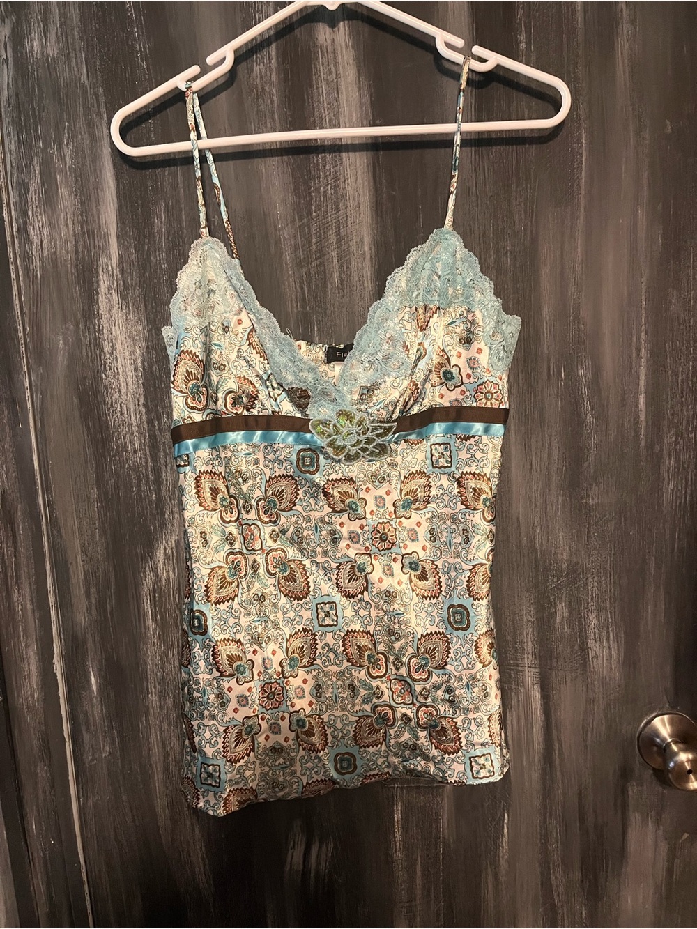 Fleurish Light Blue Floral Lace-Trim Satin Cami